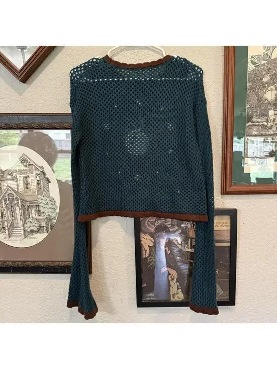 Earthbound Trading Celestial Open Knit Sweater Green Large Hippie Boho Cropped - Picture 5 of 6